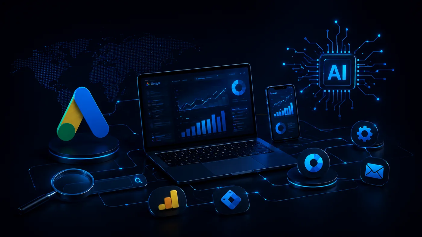 Google Ads and AI tools for digital marketing shown on a laptop and phone