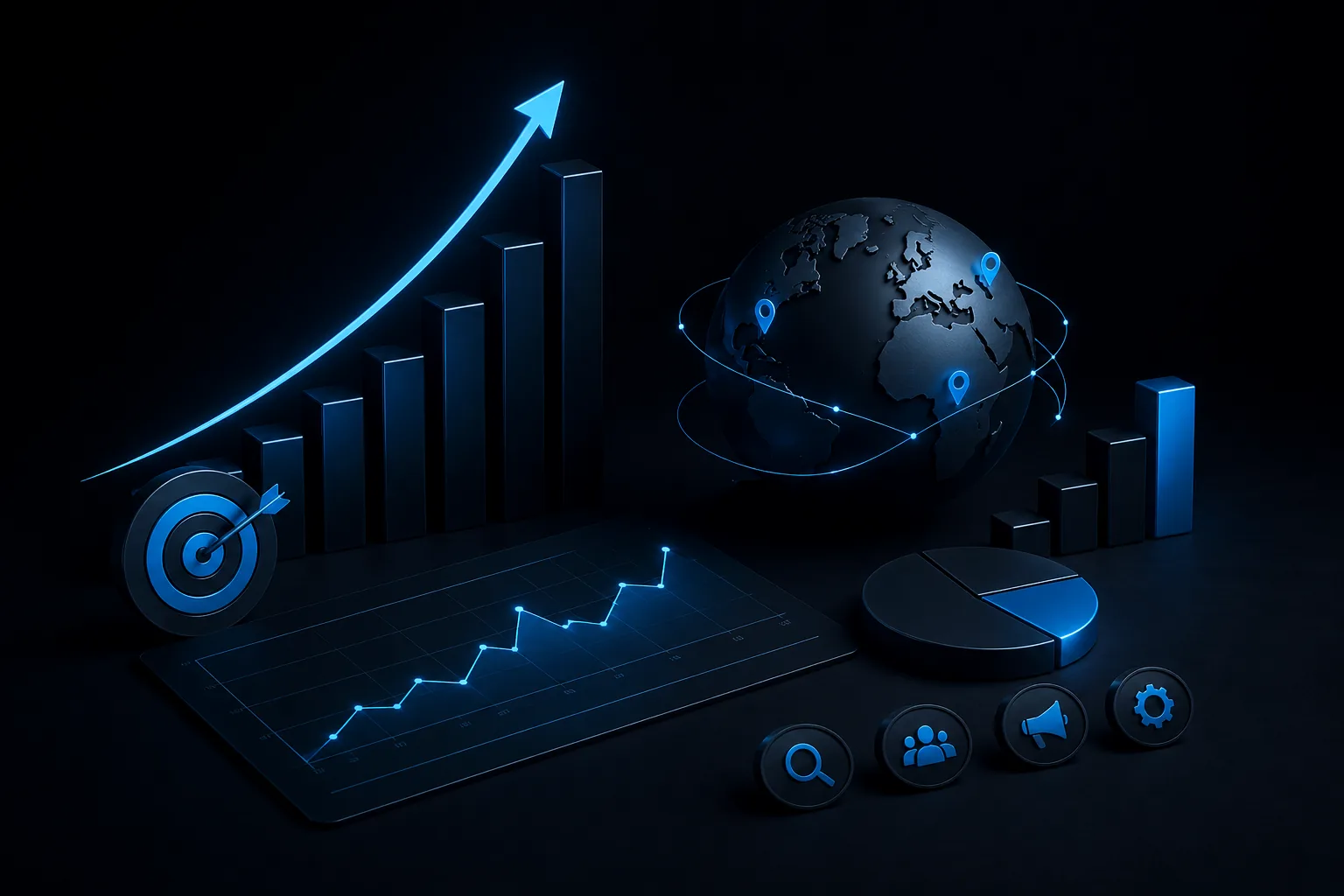 Performance marketing growth shown through charts, goals and global campaign reach